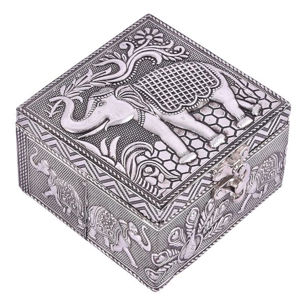 Elephant Embossed Box silver Antiq Finish 4x4