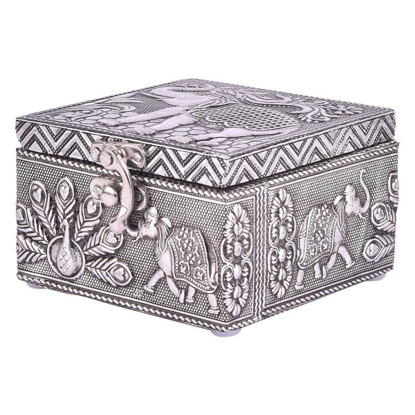 Elephant Embossed Box silver Antiq Finish 4x4