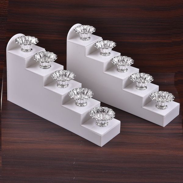 White Arylic Diya Stand With German Silver Diya