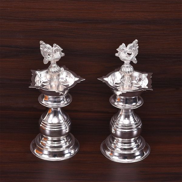 German silver Peacock Diya Plain 8Inch
