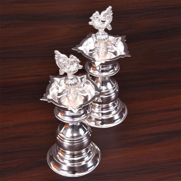 German silver Peacock Diya Plain 8Inch