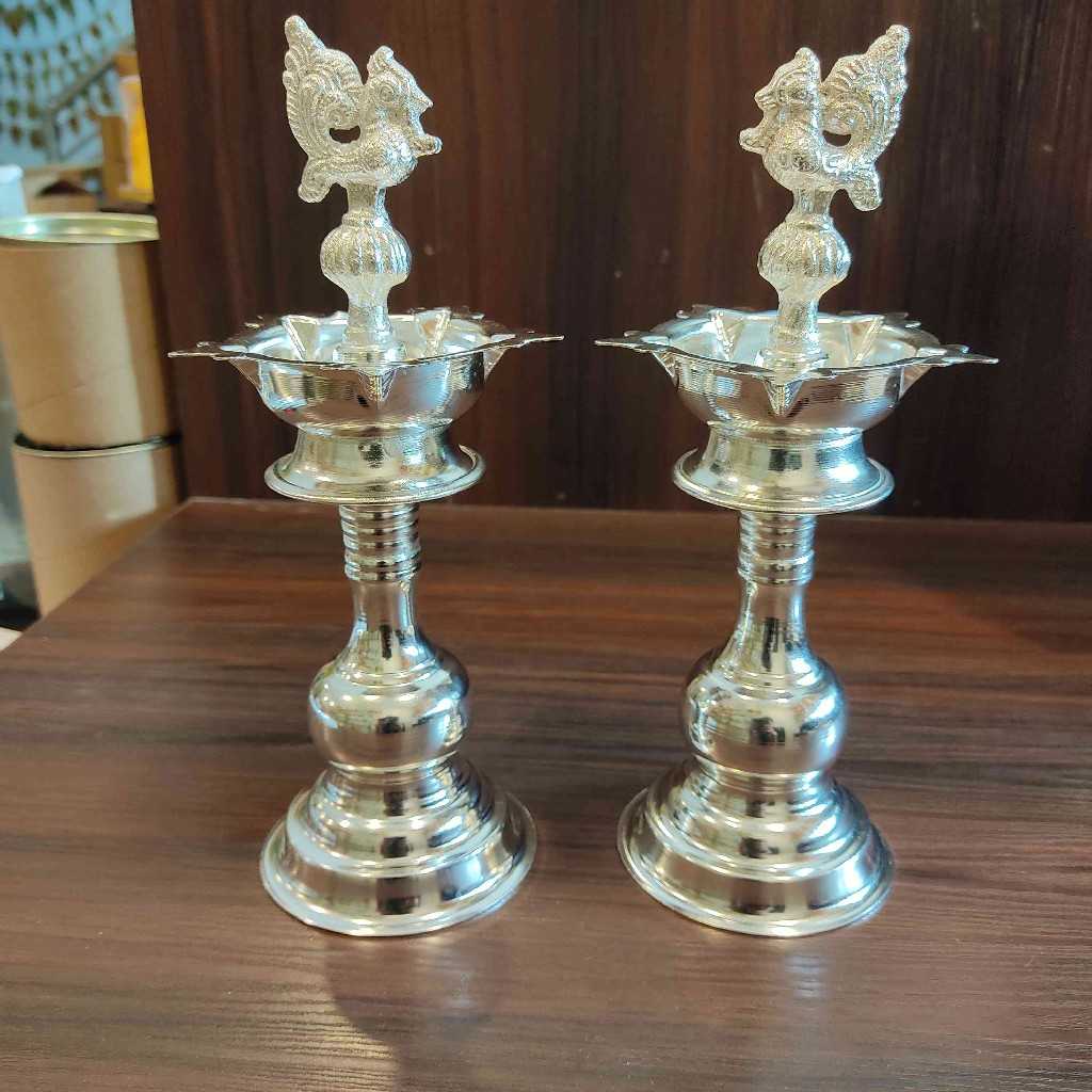 German silver Peacock Diya Plain 8Inch