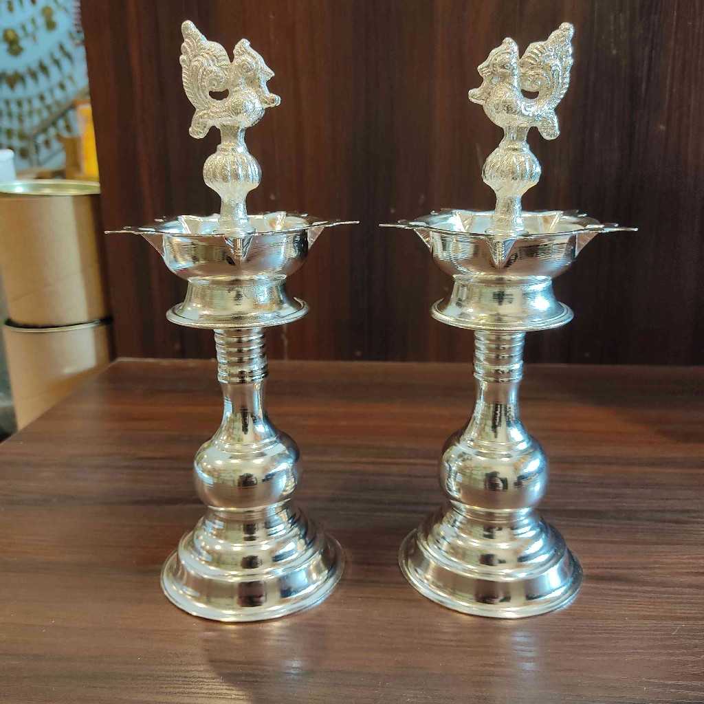 German silver Peacock Diya Plain 8Inch