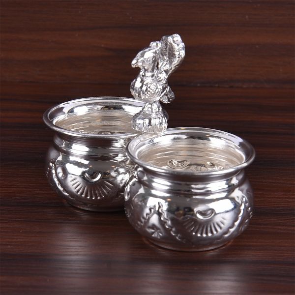 German Silver Peacock Kumkum Holder 2 Bowl Medium
