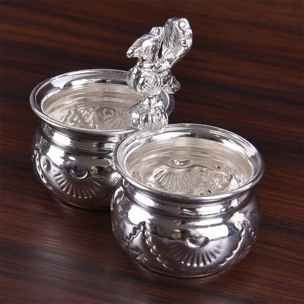 German Silver Peacock Kumkum Holder 2 Bowl Medium