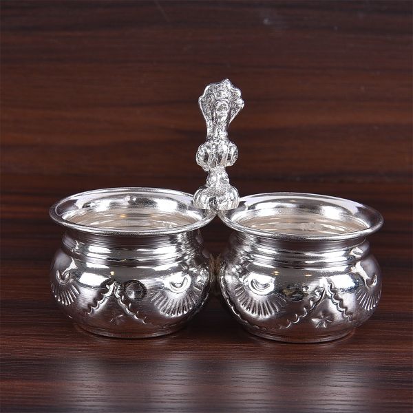 German Silver Peacock Kumkum Holder 2 Bowl Medium