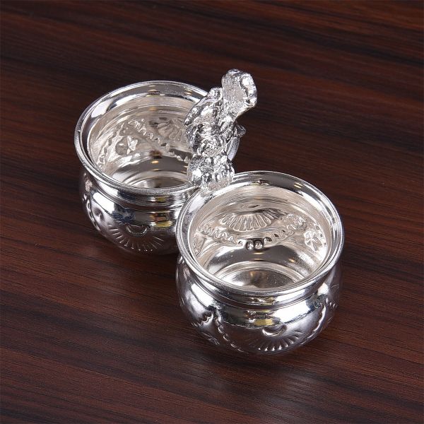 German Silver Peacock Kumkum Holder 2 Bowl Medium