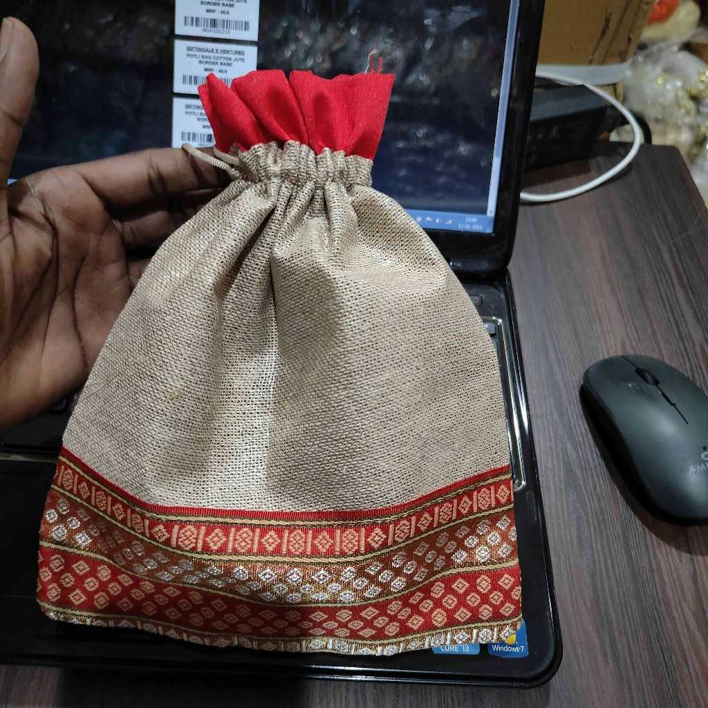 POTLI BAG COTTON JUTE BORDER BASE
