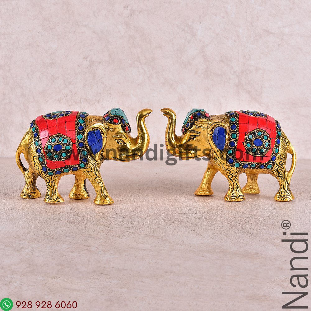 Elephant Stone Work Golden Antiq Medium Pair