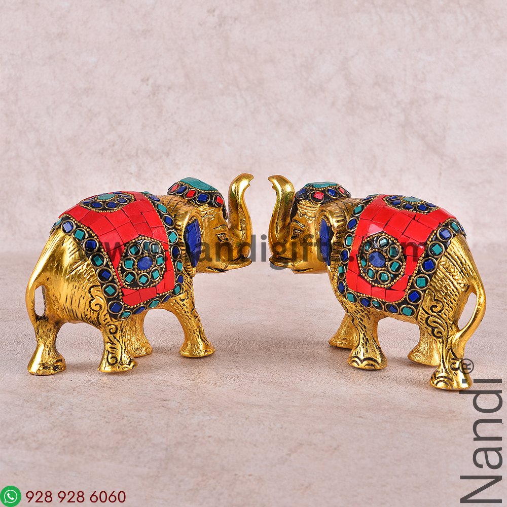 Elephant Stone Work Golden Antiq Medium Pair