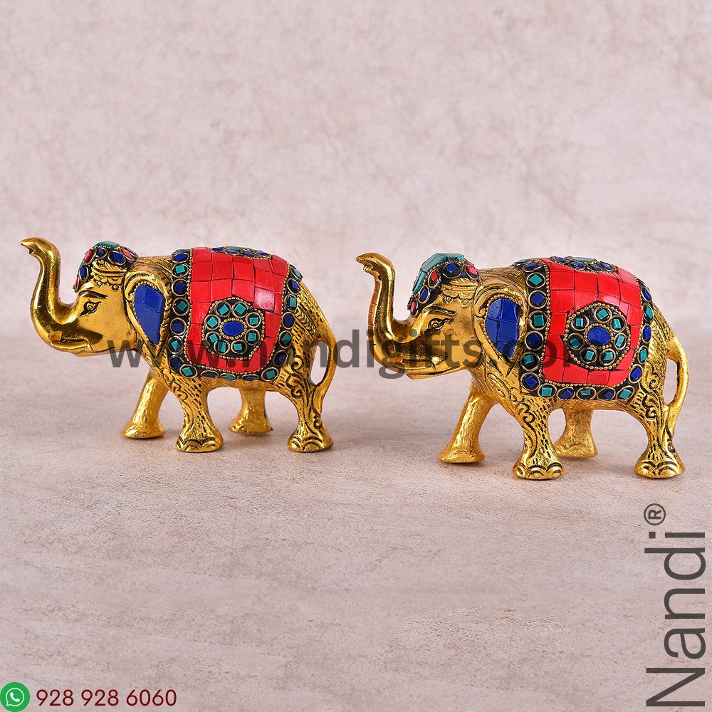 Elephant Stone Work Golden Antiq Medium Pair