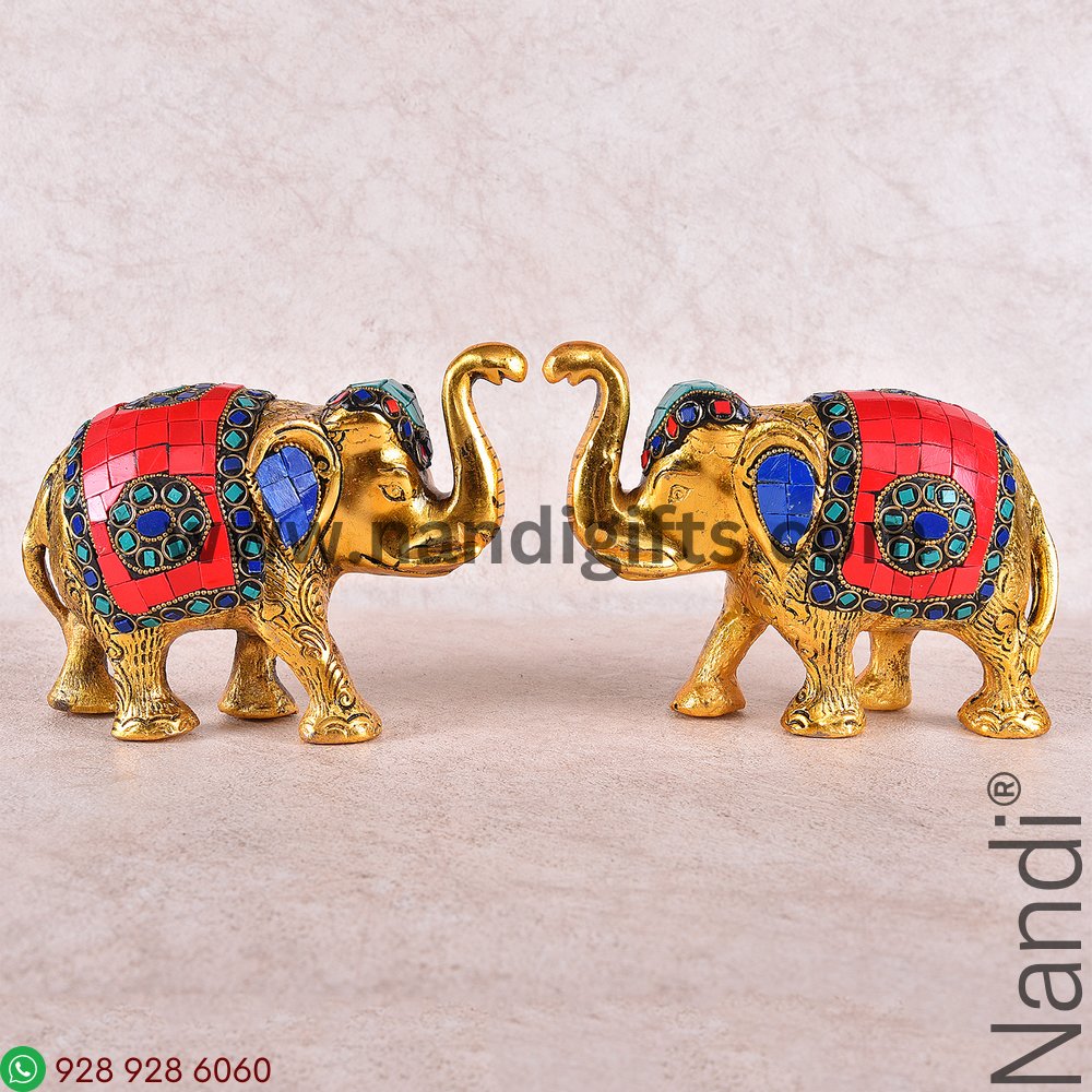Elephant Stone Work Golden Antiq Big Pair