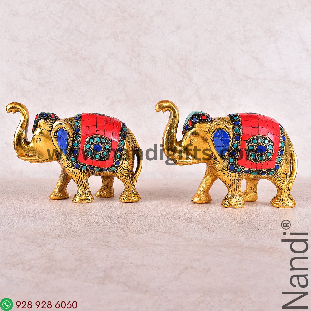 Elephant Stone Work Golden Antiq Big Pair