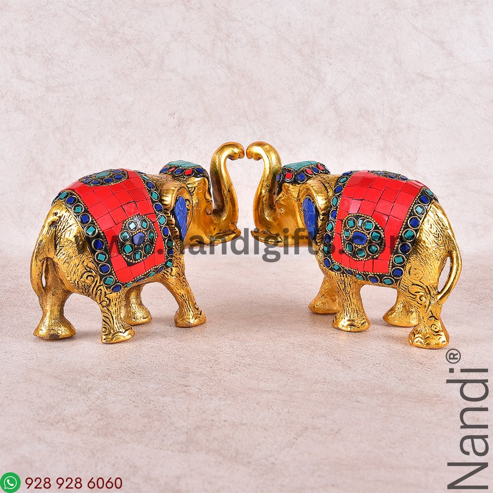 Elephant Stone Work Golden Antiq Big Pair