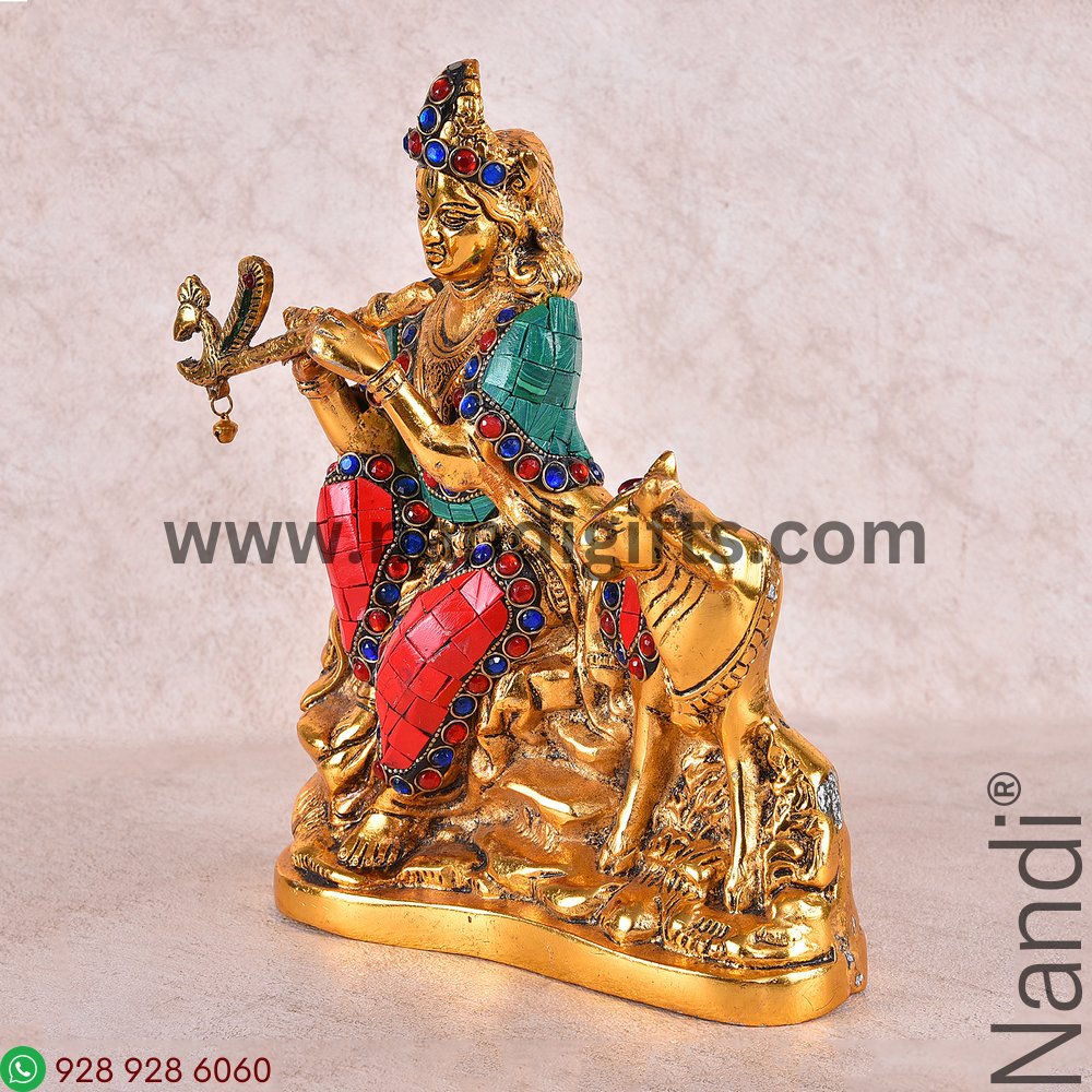 Cow Krishna Stone Work Golden Antiq