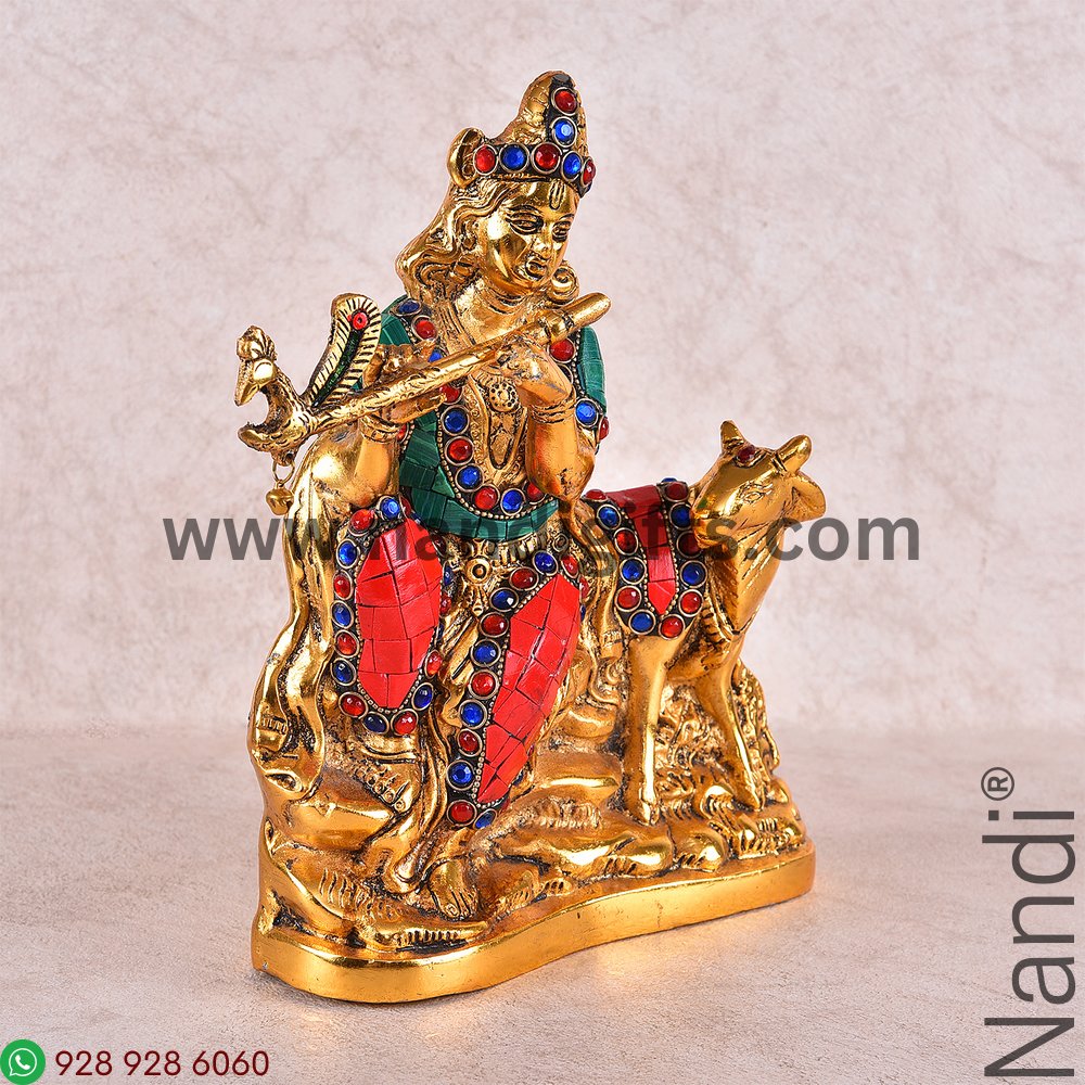 Cow Krishna Stone Work Golden Antiq
