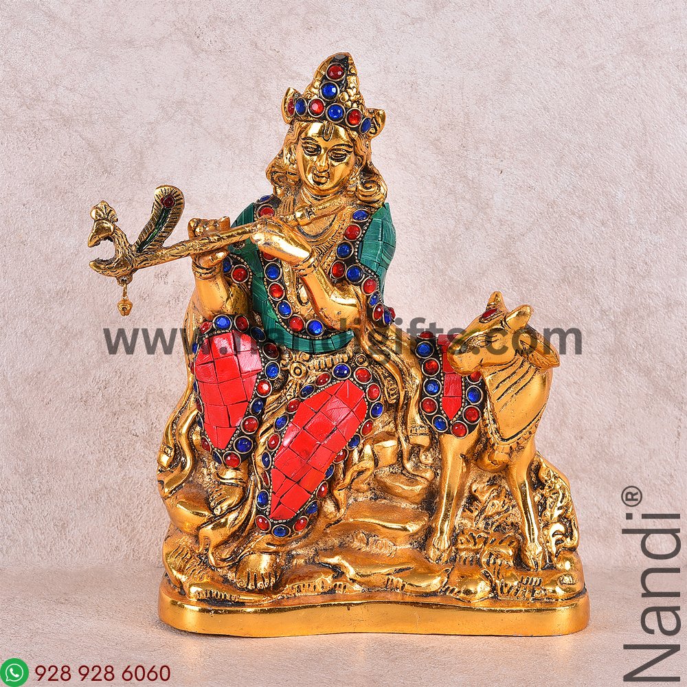 Cow Krishna Stone Work Golden Antiq