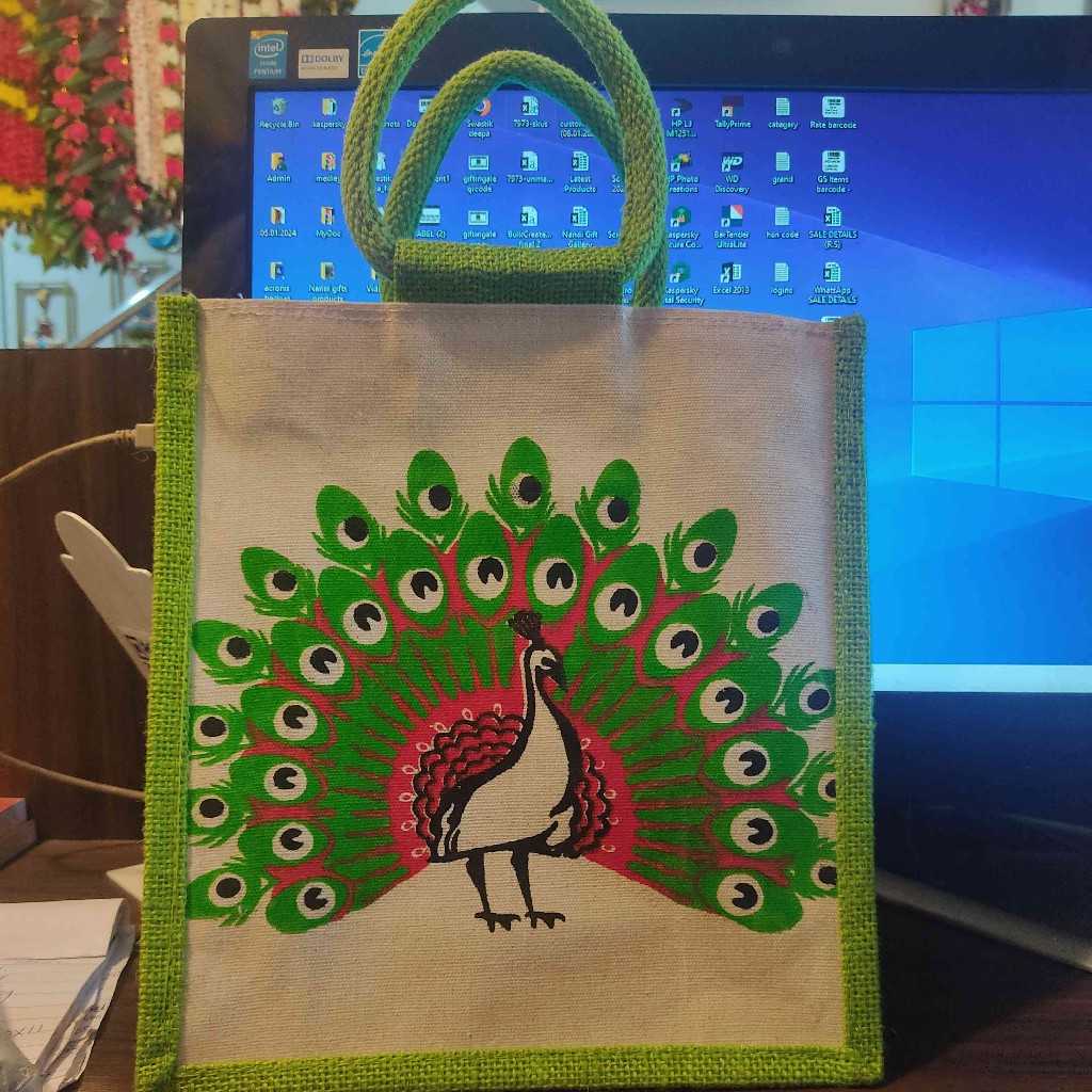 JUTE CANVAS BAG PEACOCK PRINTED 10X11