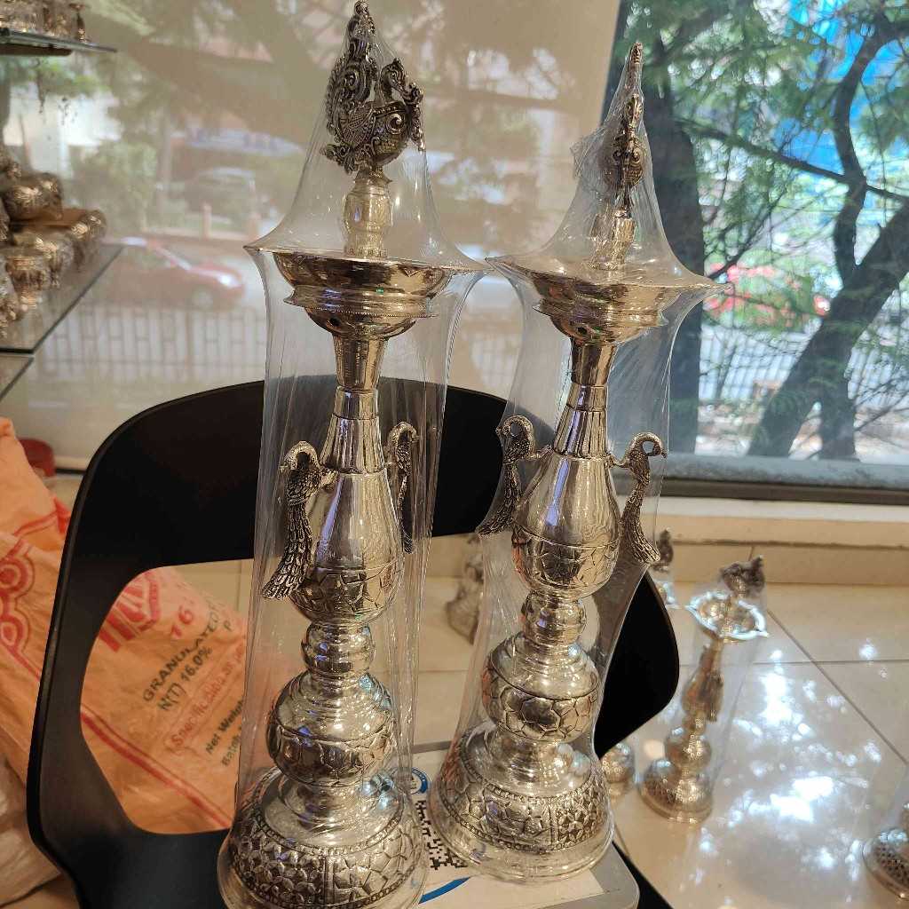 Antiq German Silver Hanging Peacock Diya Pair 19