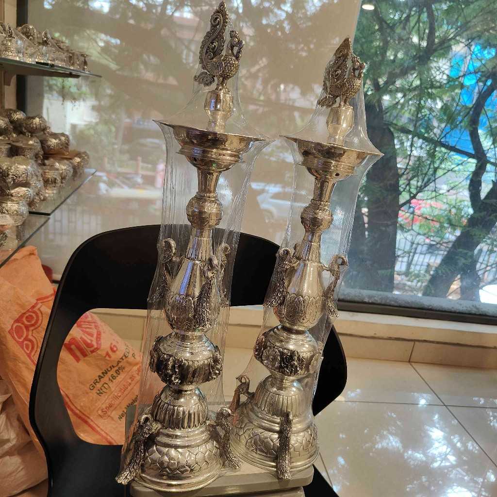 Antiq German Silver Asta Lakshmi Diya Pair 21