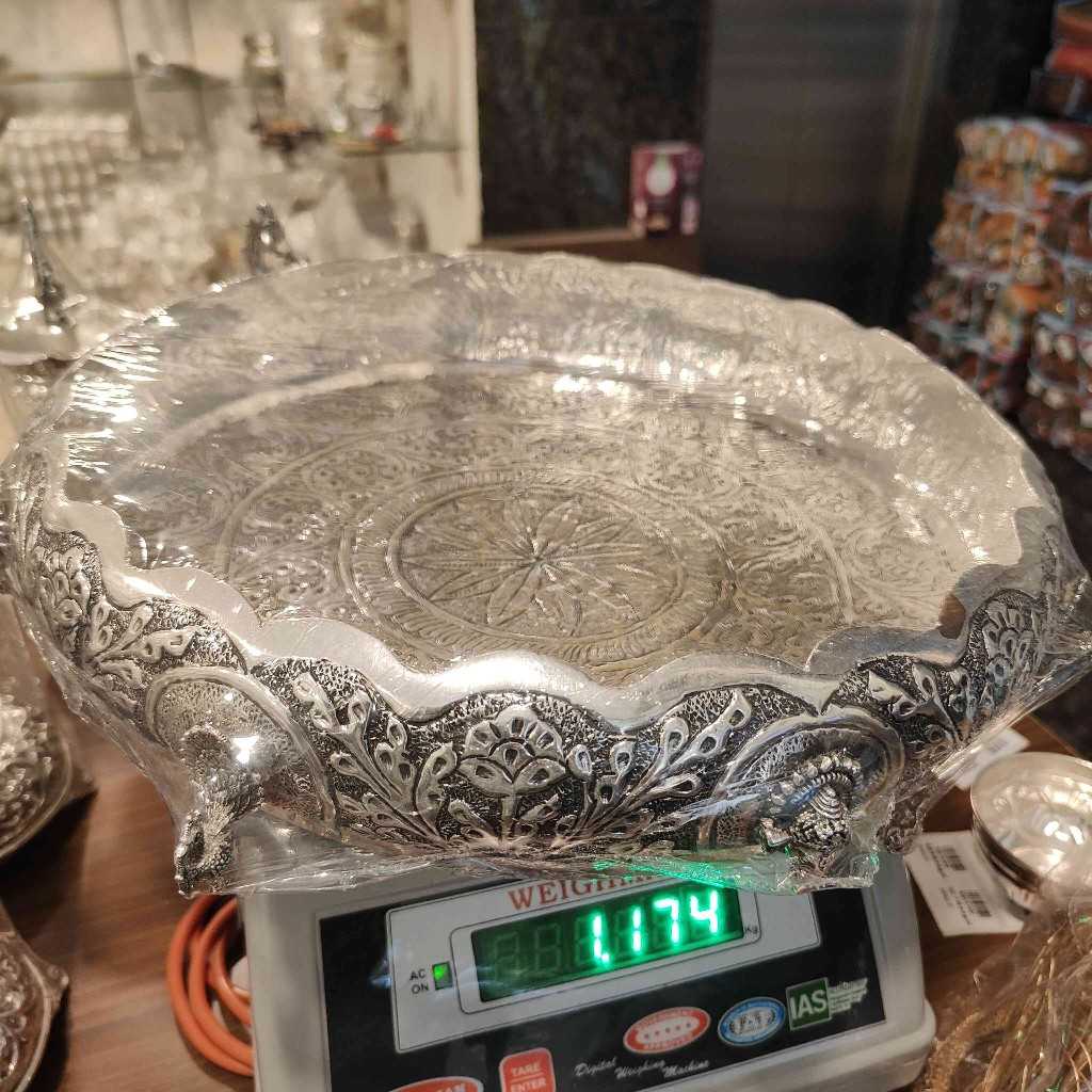 Antiq German Silver Ganesh Peacock Plate 12