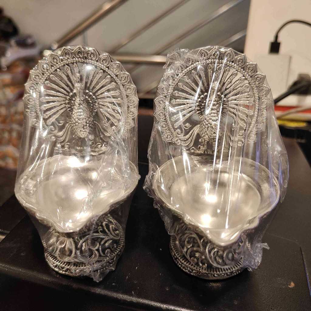 Antiq German Silver Peacock Diya pair
