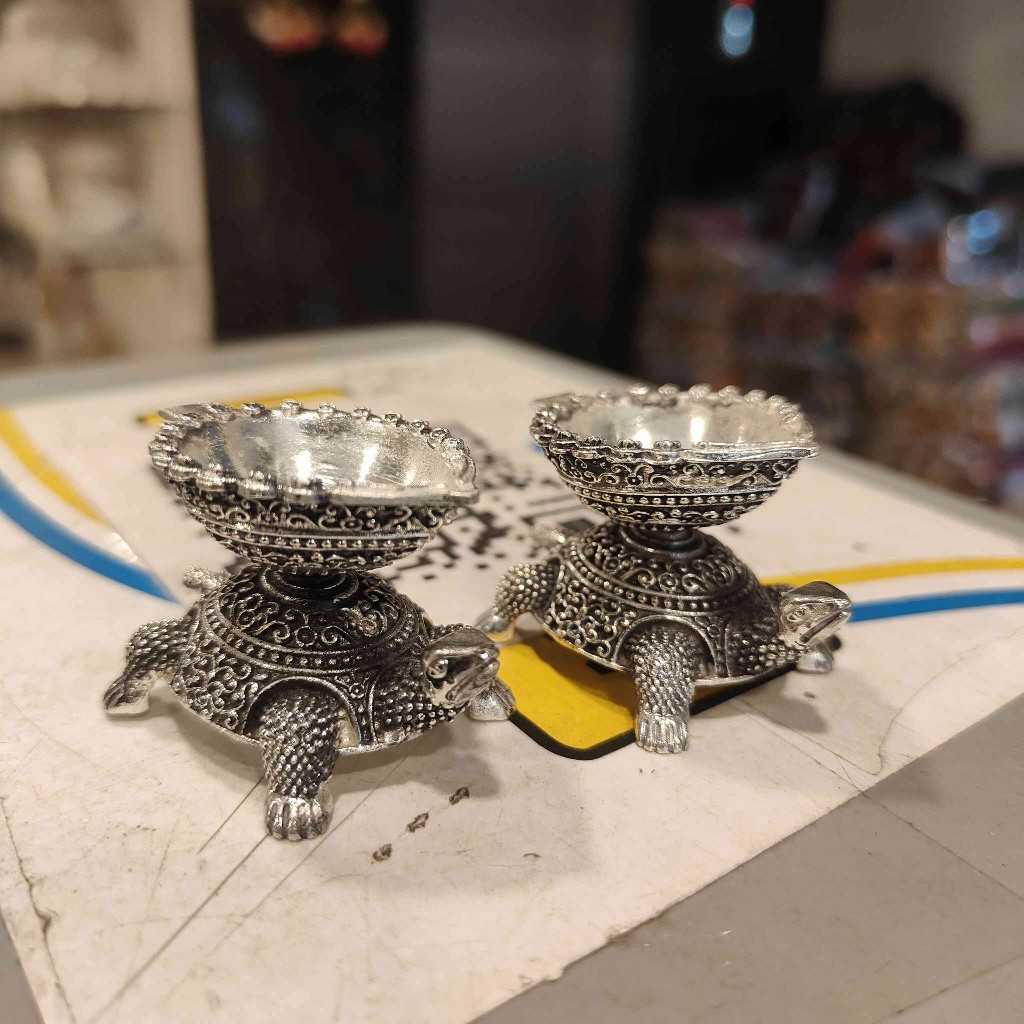 Antiq German Silver Tortoise Diya Mini Pair