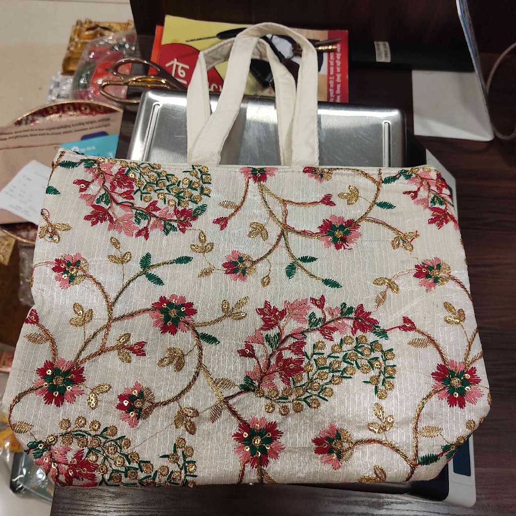 Embroidery Multi Color Floral Cream Bag Medium