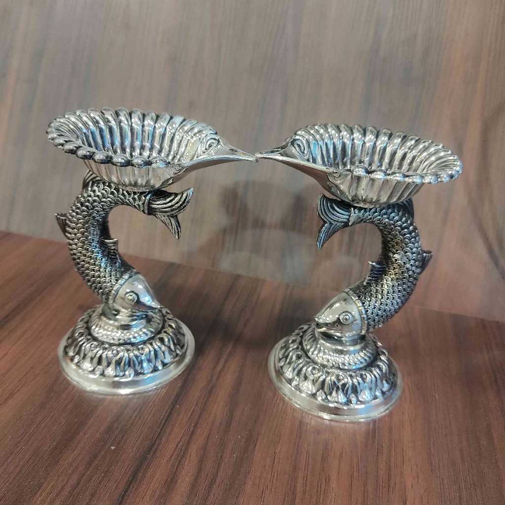 ANTIQUE GERMAN SILVER MATSYA DIYA PAIR 4