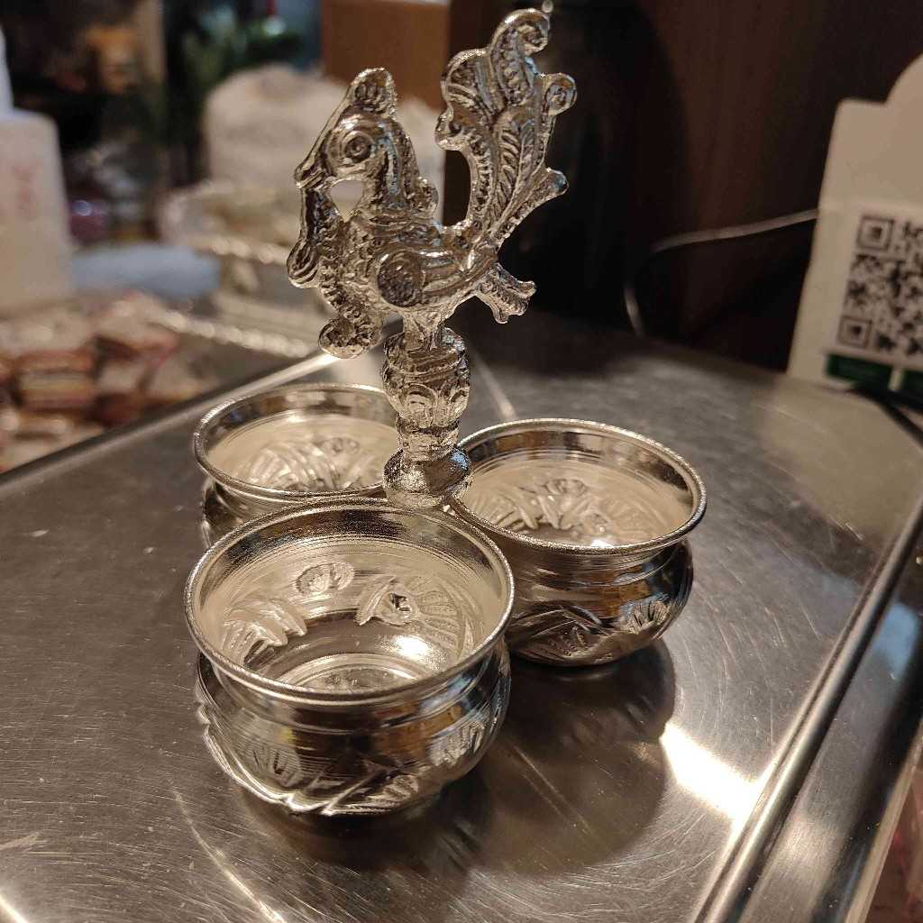 German Silver Panchwala 3 Bowl Long Peacock