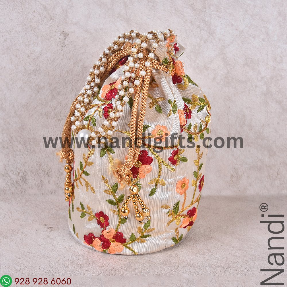 Embroidery Multi Color Floral Cream Potli Bag