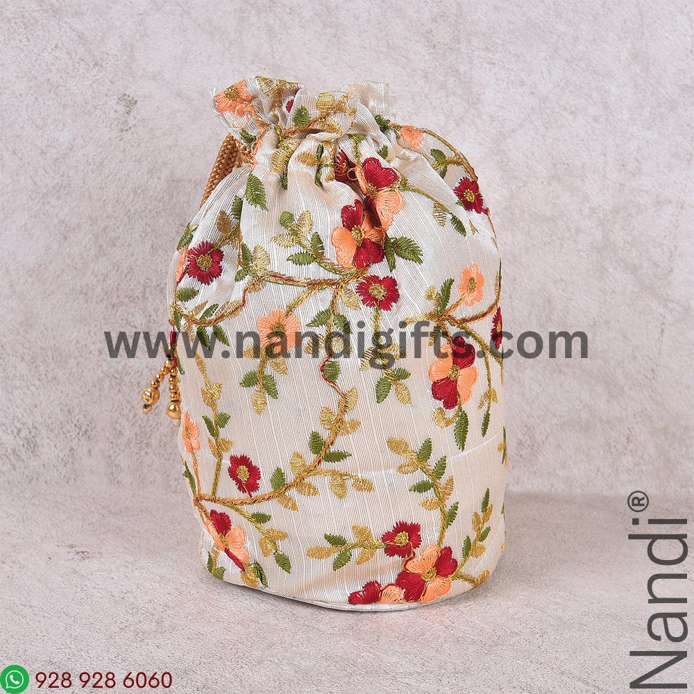 Embroidery Multi Color Floral Cream Potli Bag