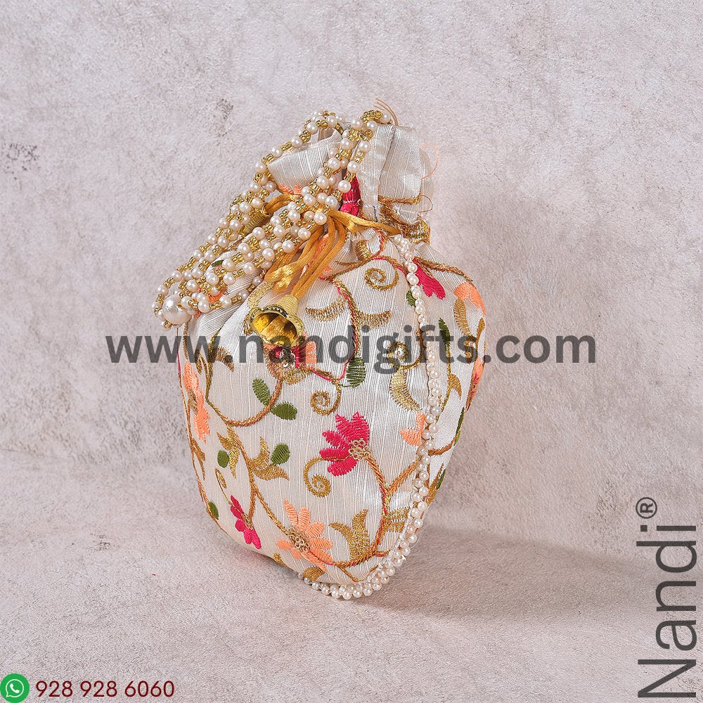 Embroidery Multi Color Floral Cream Flat Potli Bag