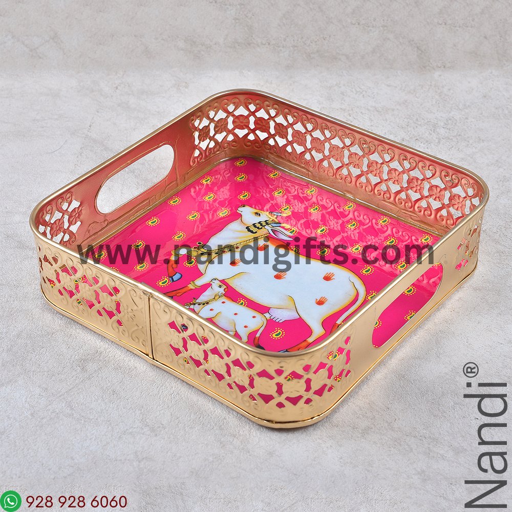 Pichwai Cow Plate Square 8 Inch Assorted Prints