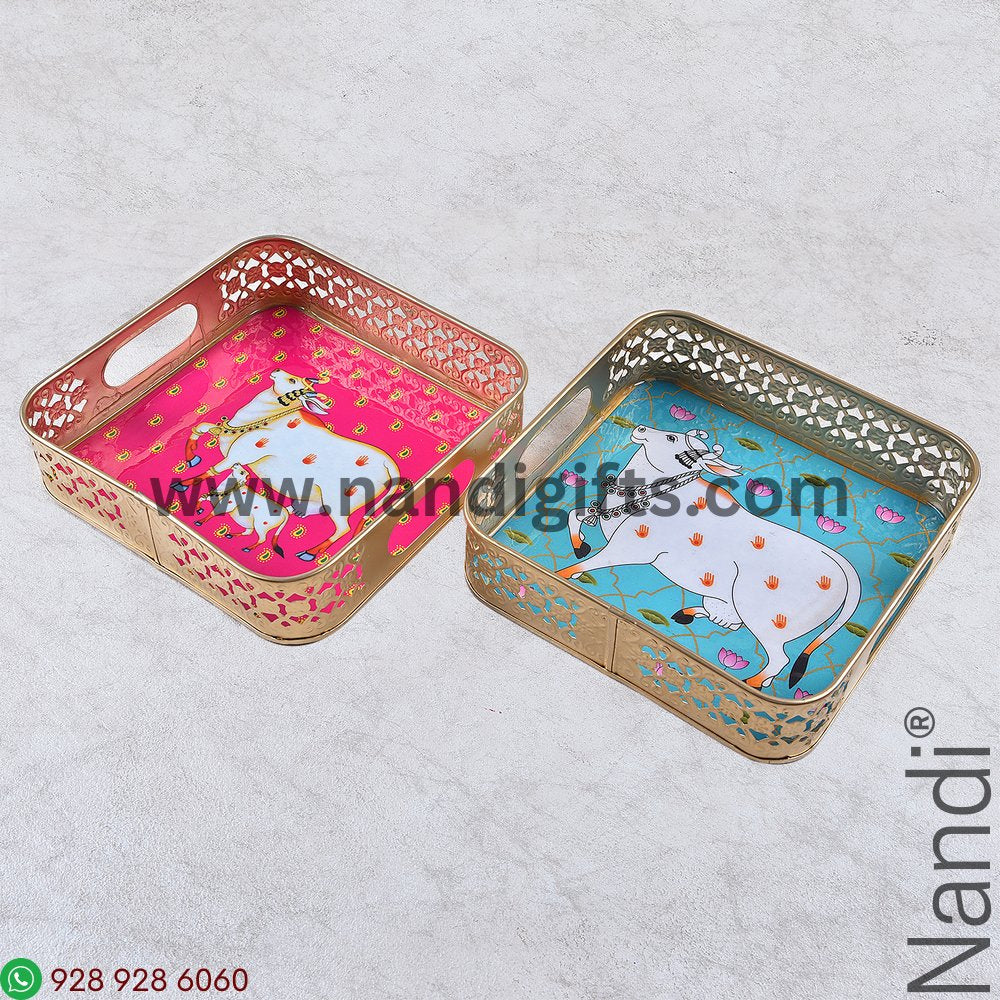 Pichwai Cow Plate Square 8 Inch Assorted Prints