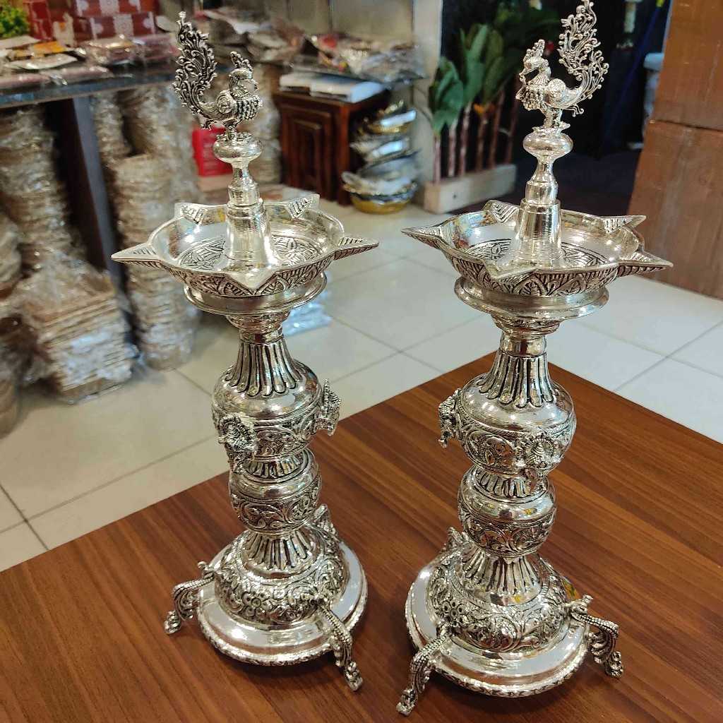 GS Antiq Peacock With Ganesh Diya Pair 14 Inch