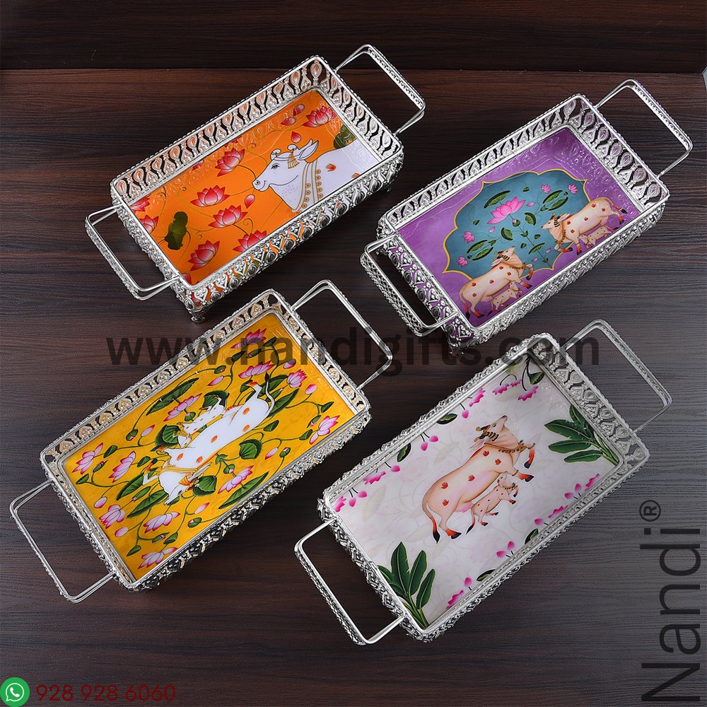 GS Pichwai Cow Tray Rectangular Assorted 9X5