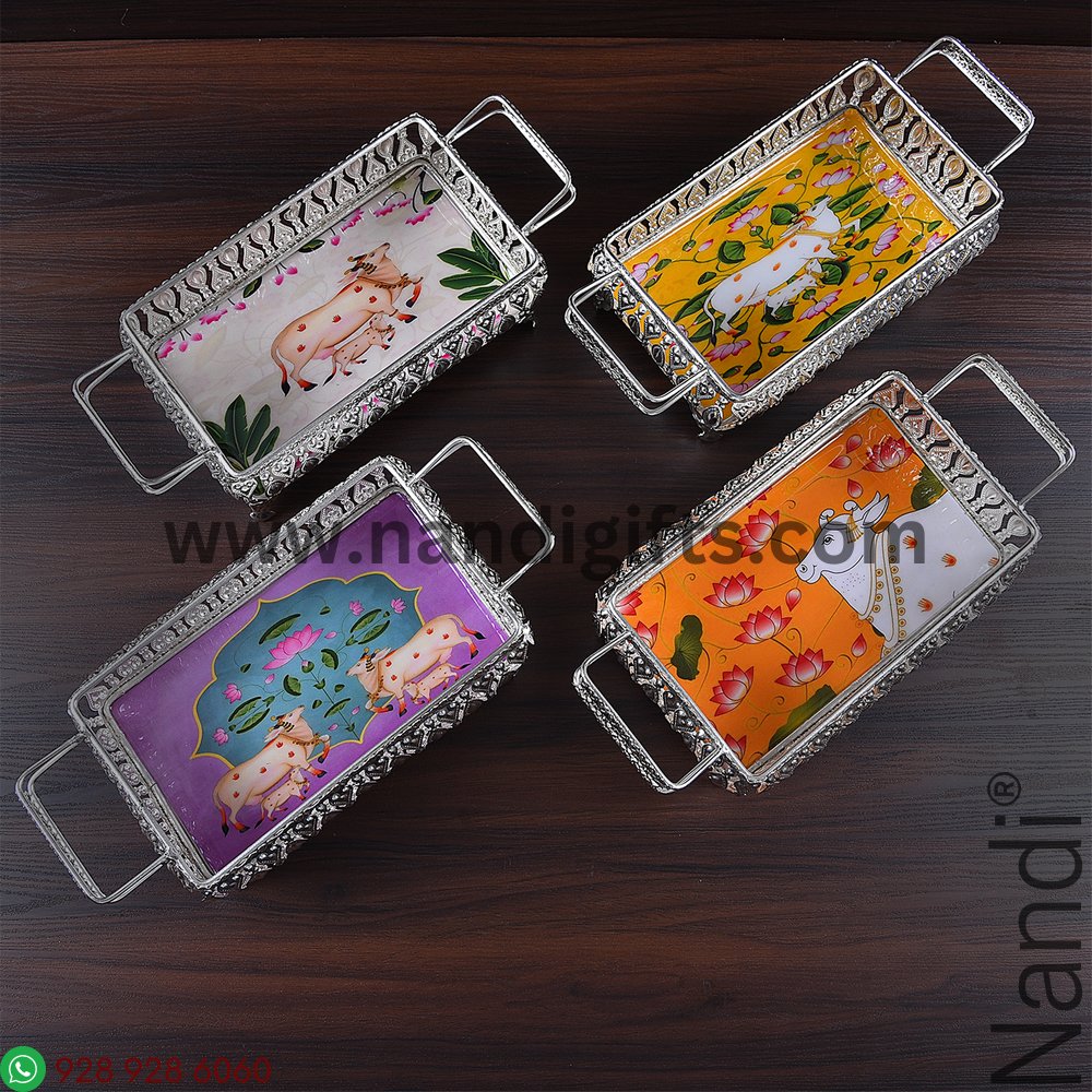 GS Pichwai Cow Tray Rectangular Assorted 7X4