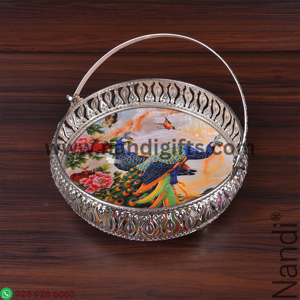 GS Pichwai Cow Plate Round With Handle Assorted 8 Inch