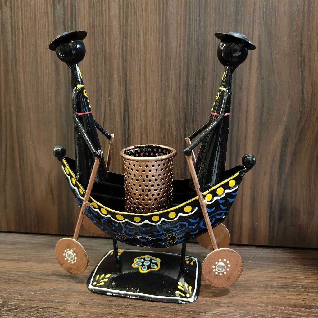 Metal Twin Lady Ship Pen Stand Mini Black