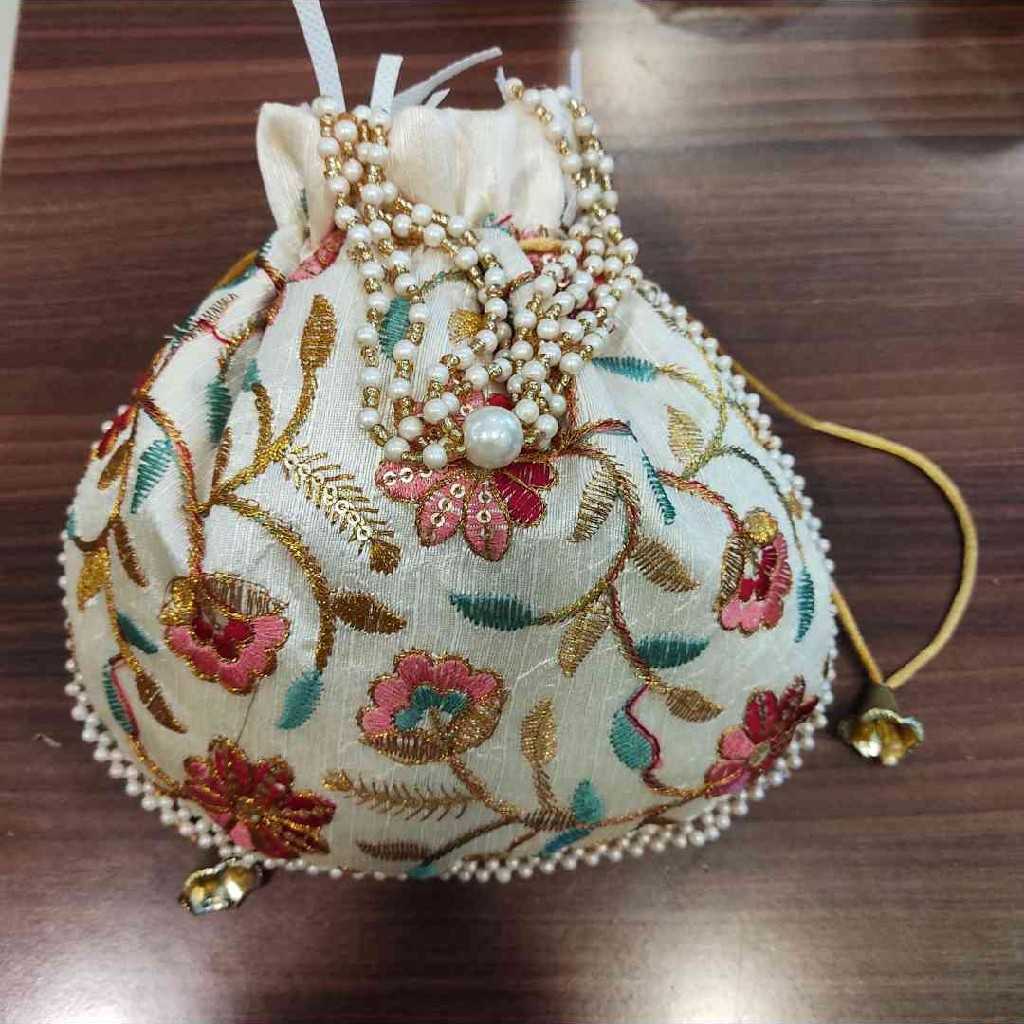 Embroidery Double Side Multi Color Floral Cream Potli Bag