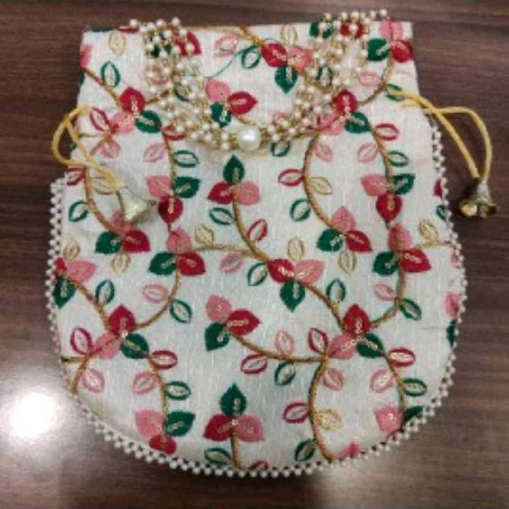 Embroidery Double Side Multi Color Floral Cream Potli Bag
