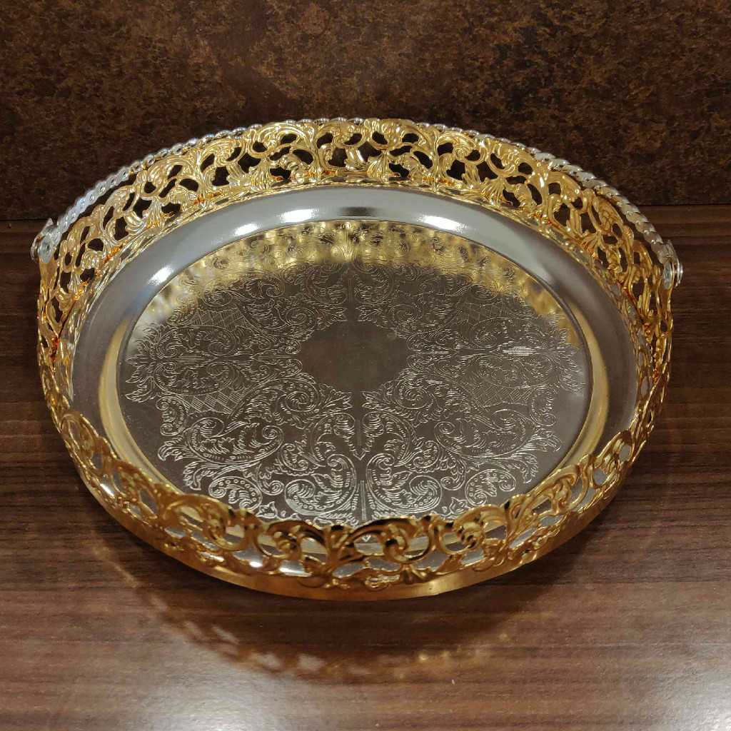 Imported Gold And Silver GS Round Flower Cut Basket With Handle 9 inch