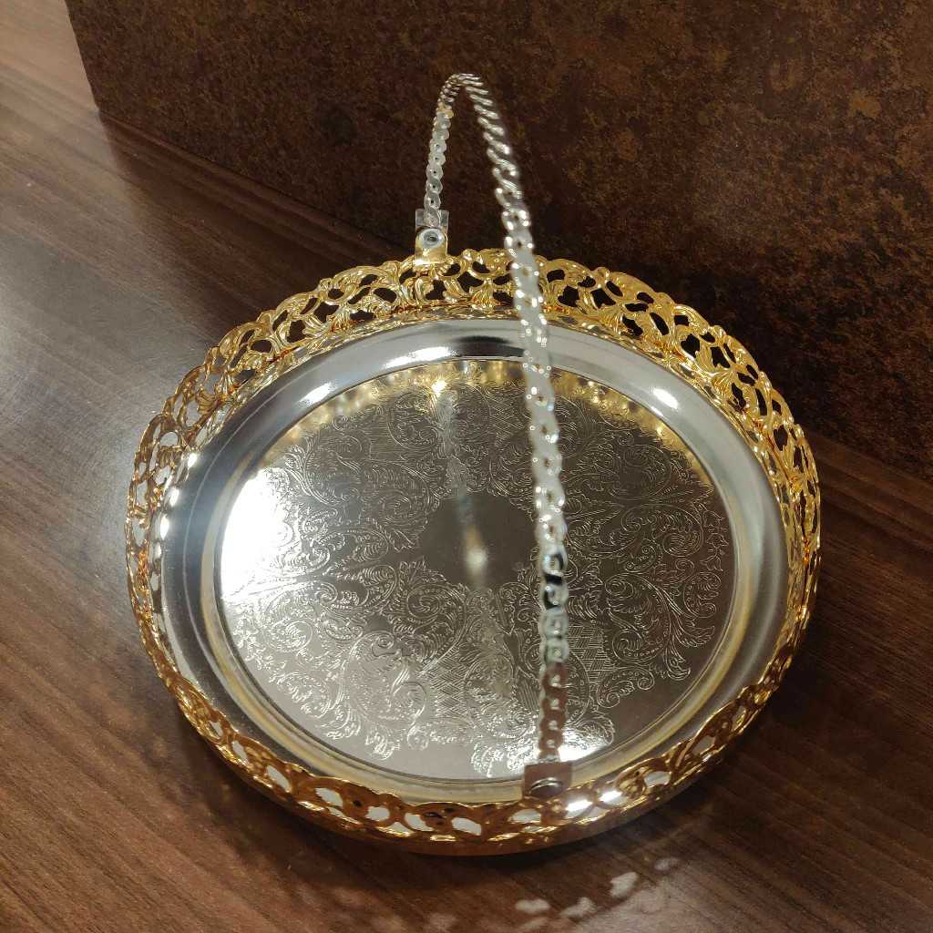 Imported Gold And Silver GS Round Flower Cut Basket With Handle 9 inch