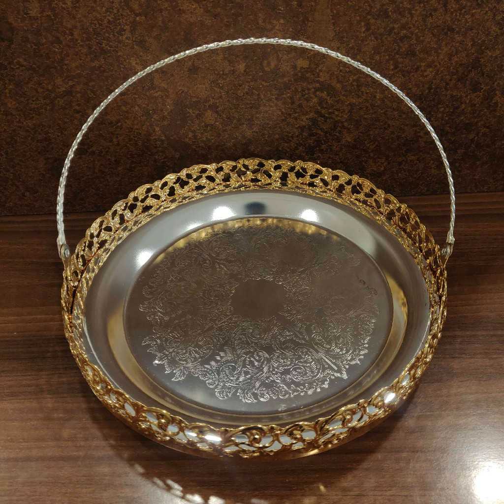 Imported Gold And Silver GS Round Flower Cut Basket With Handle 9 inch