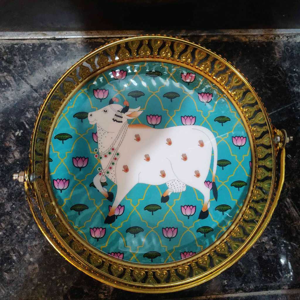 Gold Plated Pichwai Handle Basket 8 Inch