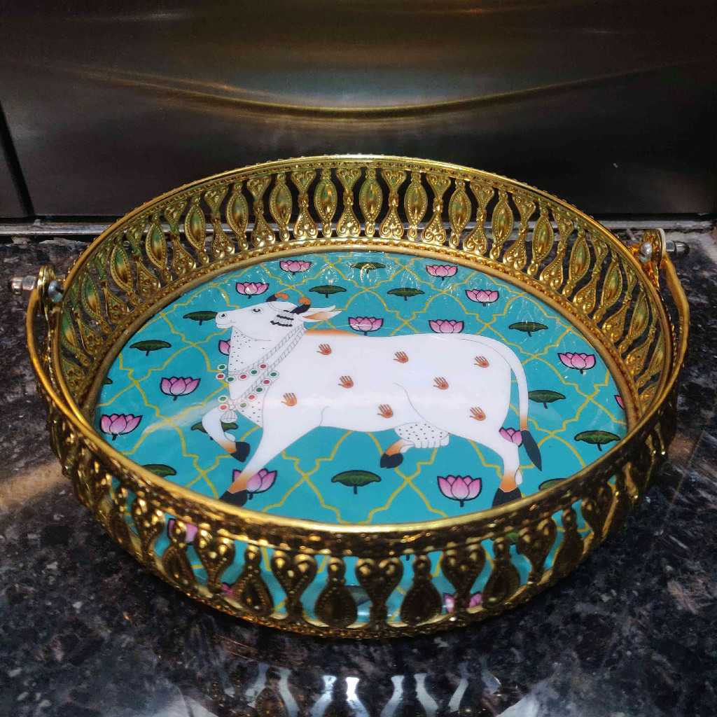 Gold Plated Pichwai Handle Basket 8 Inch