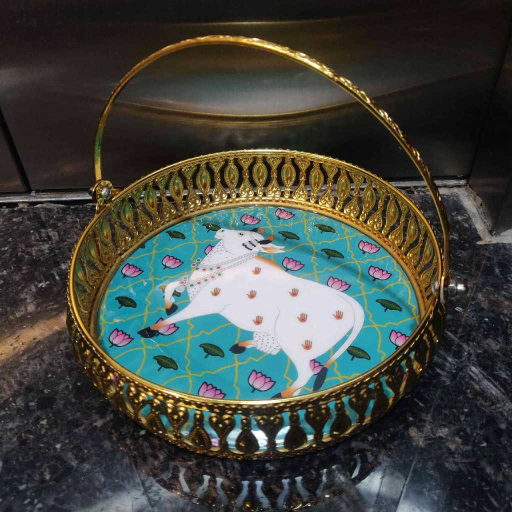 Gold Plated Pichwai Handle Basket 8 Inch