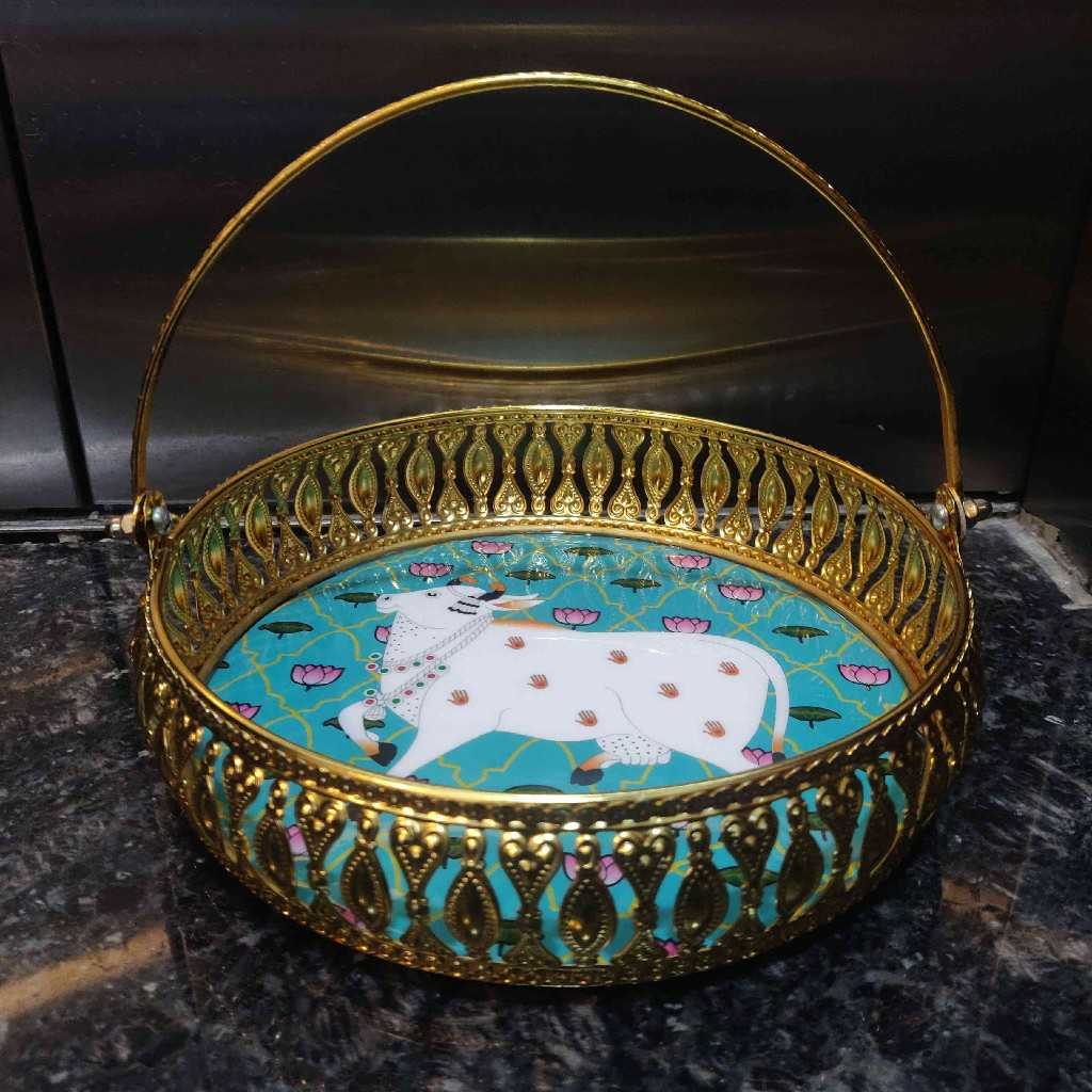 Gold Plated Pichwai Handle Basket 8 Inch