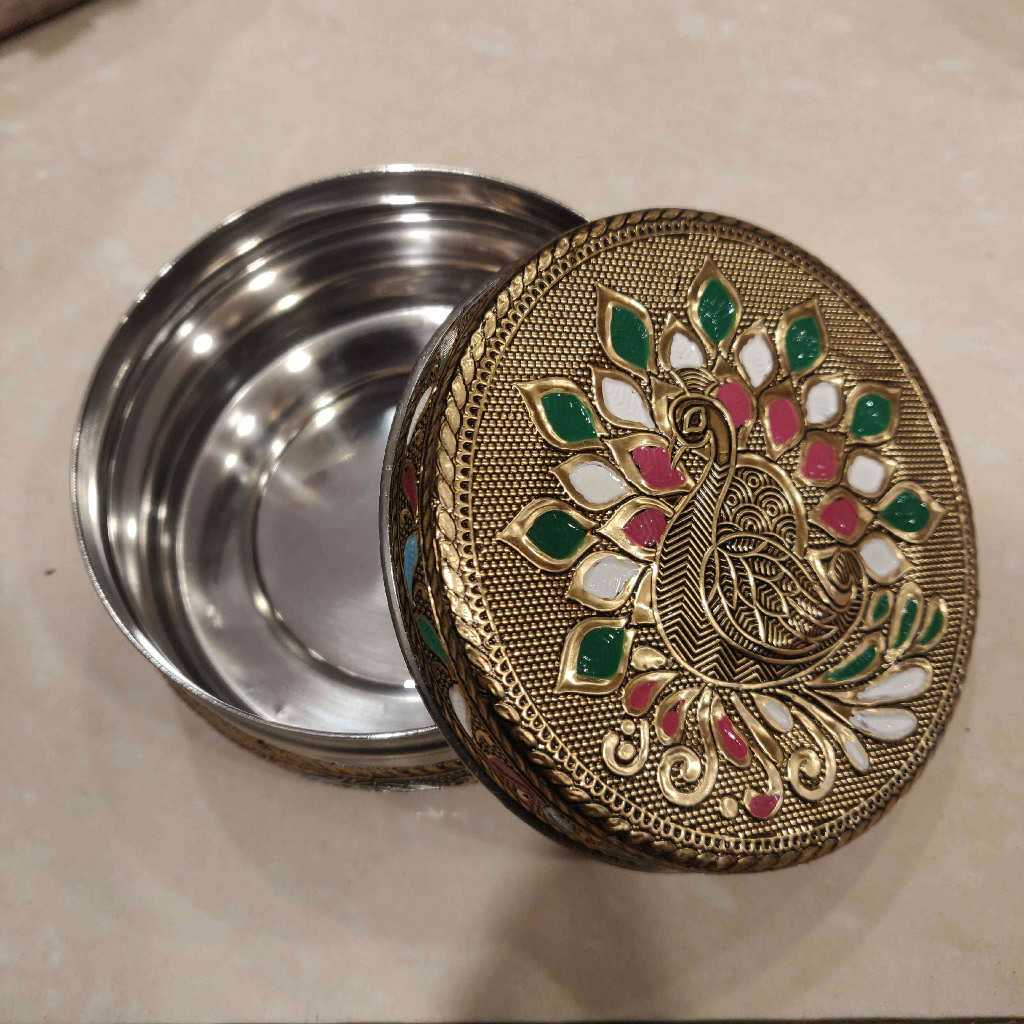 Golden Antiq Meenakari Box Mayur